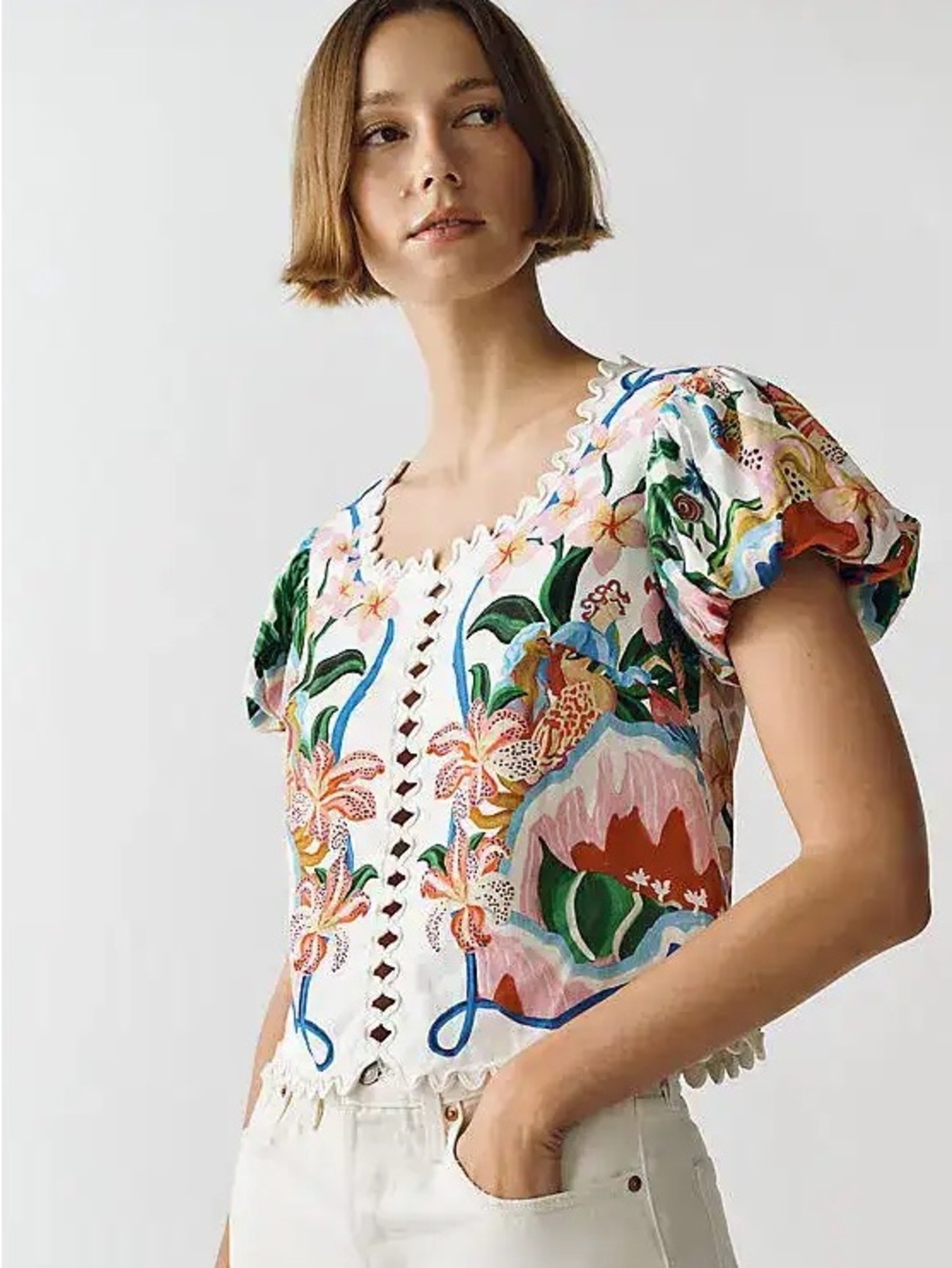 NWT Farm Rio Garden of Life Scalloped Linen Blend Blouse Size S